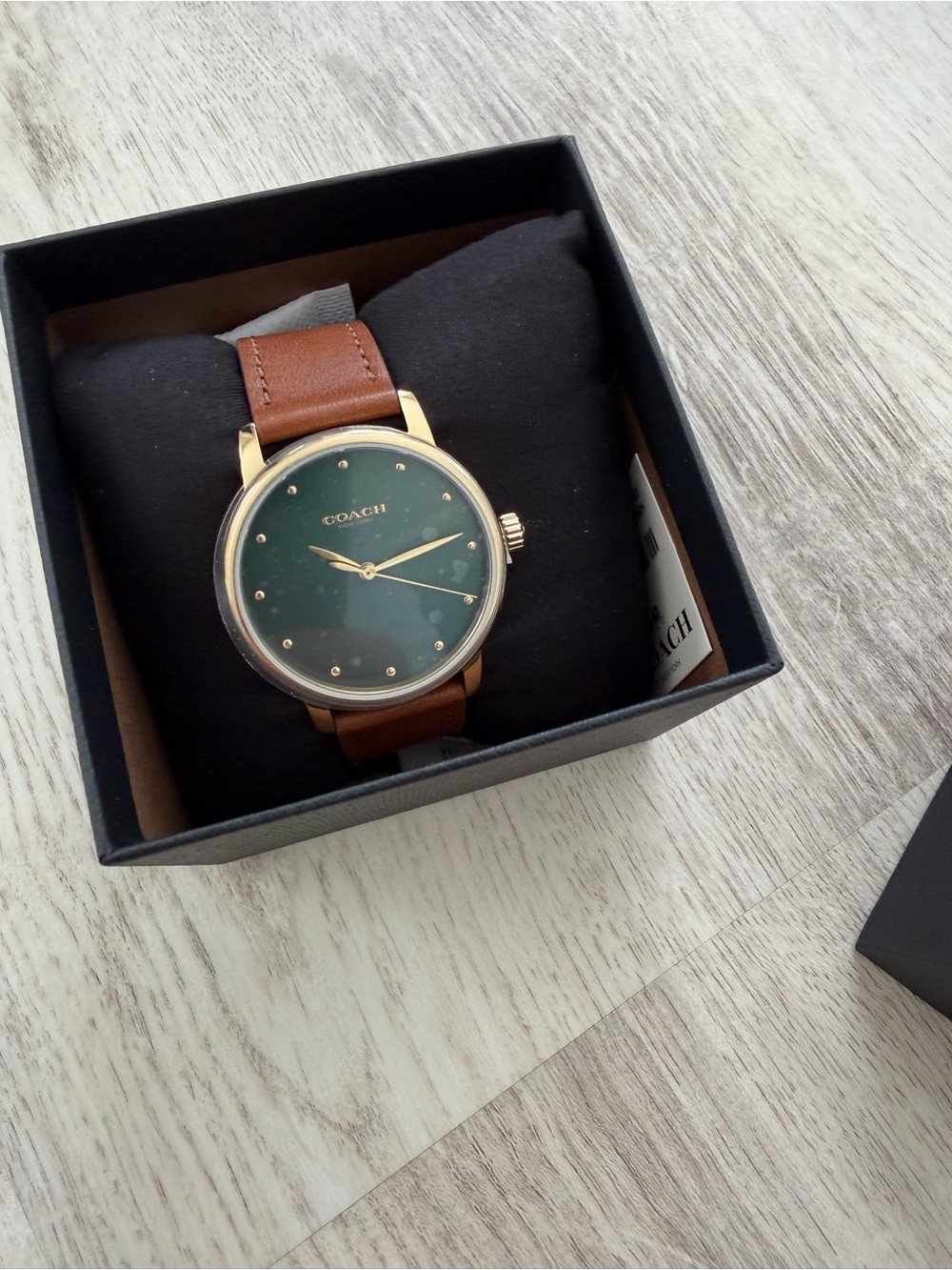 Coach Gold-Tone Case Green Dial Brown Leather Strap Womens Watch 36mm